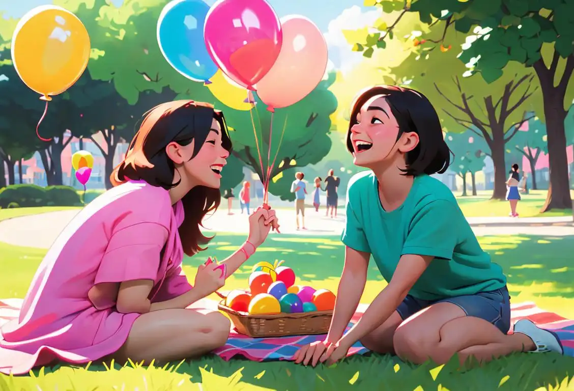 Two friends holding hands, laughing, in a park filled with colorful balloons and picnic blankets..