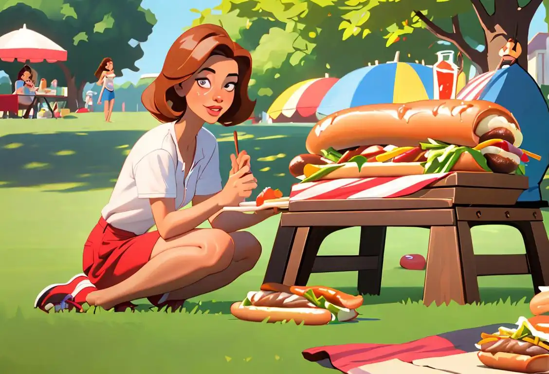 Young woman grilling a hot dog on a barbecue, wearing a classic picnic attire, outdoor park setting with friends..