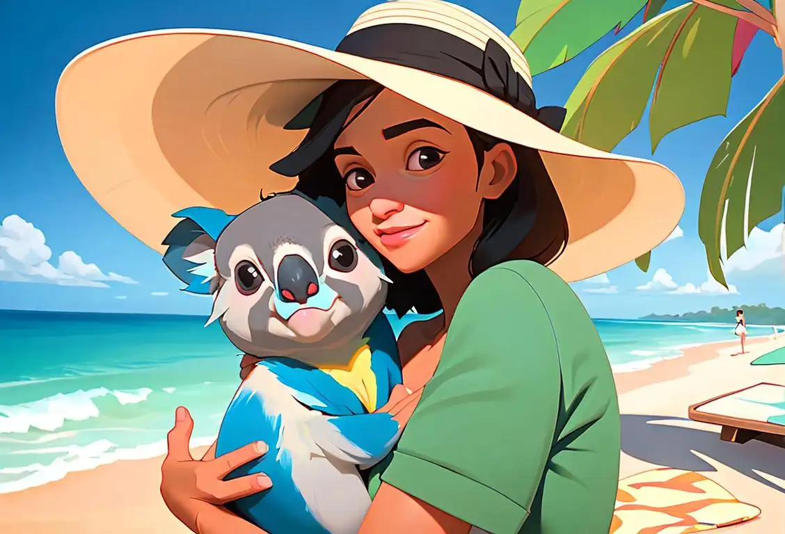 Friendly Australian holding a koala, wearing a wide-brimmed hat, tropical beach setting, with colorful surfboards in the background..