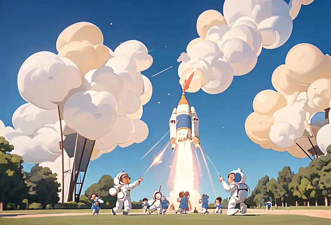 Ivory rocket launching into a clear blue sky, surrounded by a group of excited children, wearing astronaut costumes and holding telescopes, at a local park..