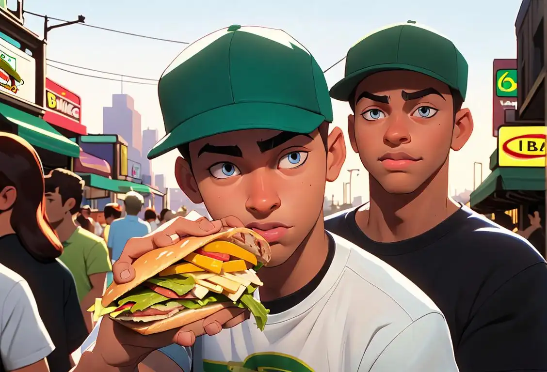 Young man enjoying a subway sandwich, wearing a baseball cap, urban city backdrop, subway motif on t-shirt..