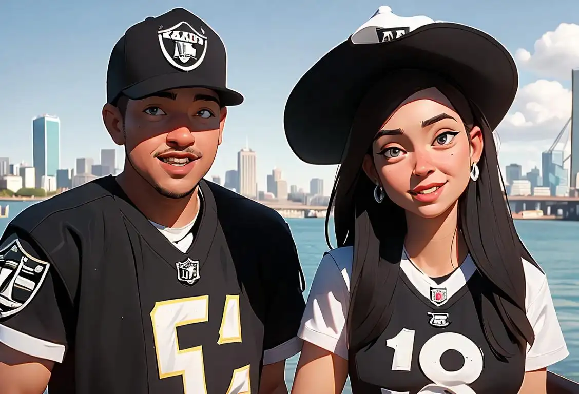 Young couple enjoying a sunny day by the waterfront, wearing Oakland Raiders jerseys and hats, overlooking the iconic Oakland skyline..
