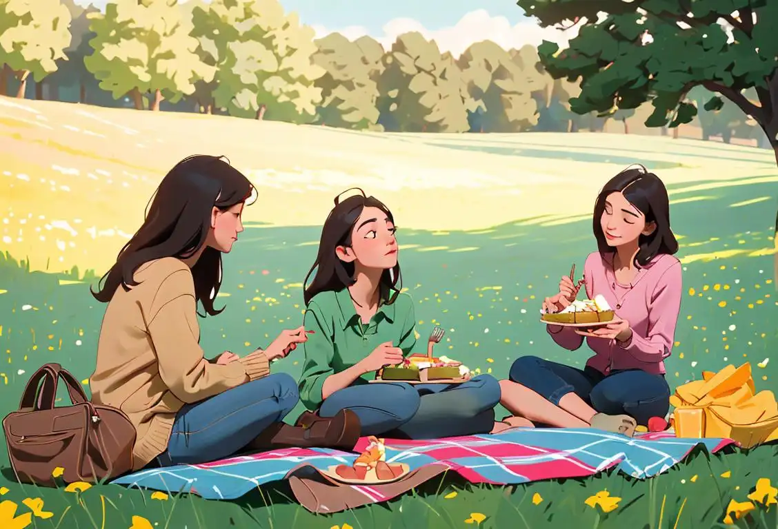 Young adults sitting on a cozy picnic blanket in a blooming meadow, enjoying a delightful meal and embracing the serene beauty of nature..