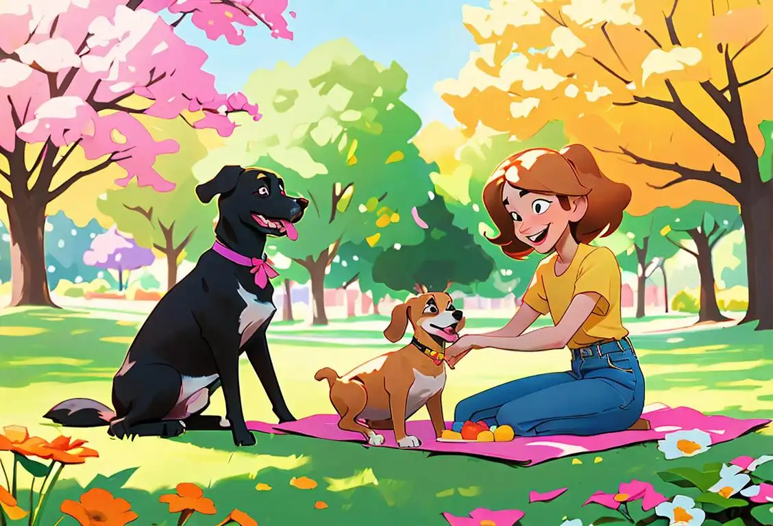 Two friends, one human and one dog, enjoying a picnic in a sunny park, wearing colorful summer outfits and surrounded by flowers and laughter..