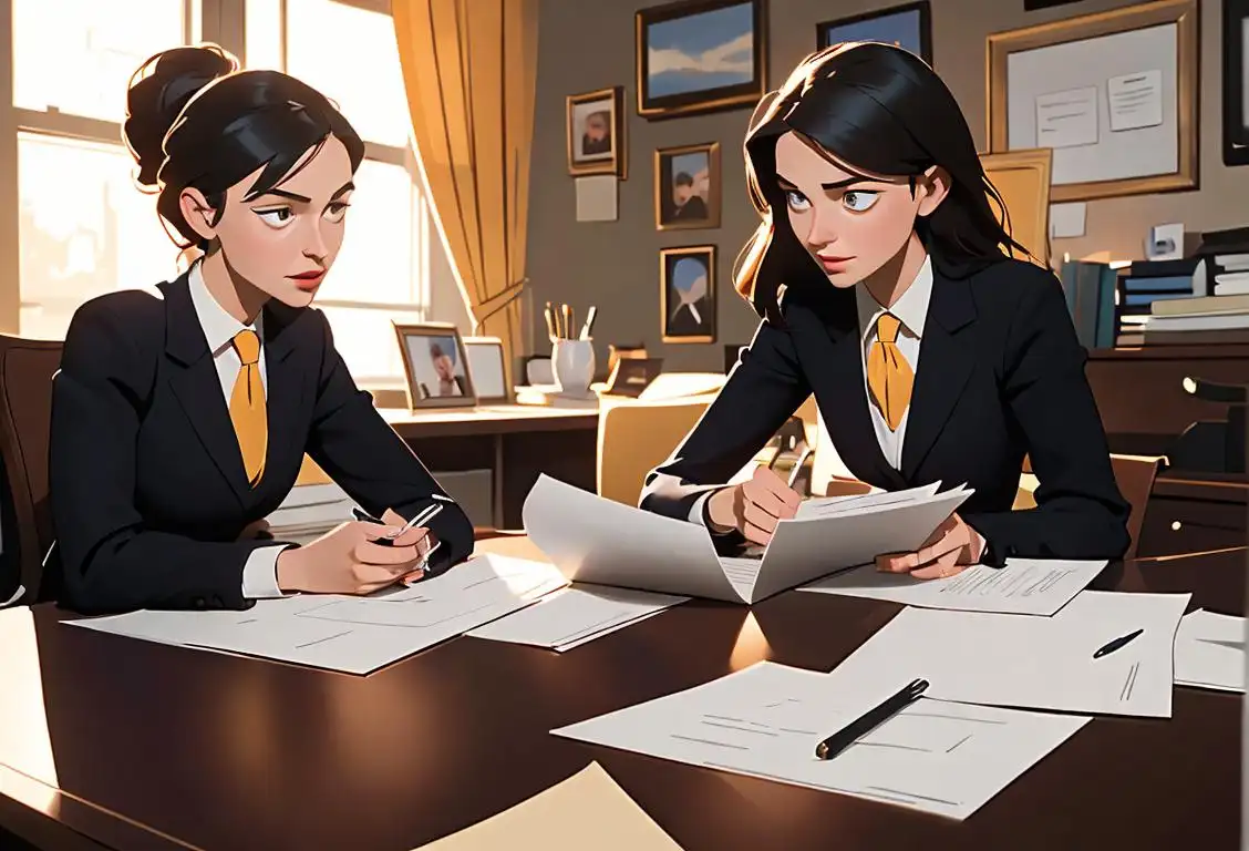 Two people sitting at a table, dressed in professional attire, holding folders, in a well-lit office setting..