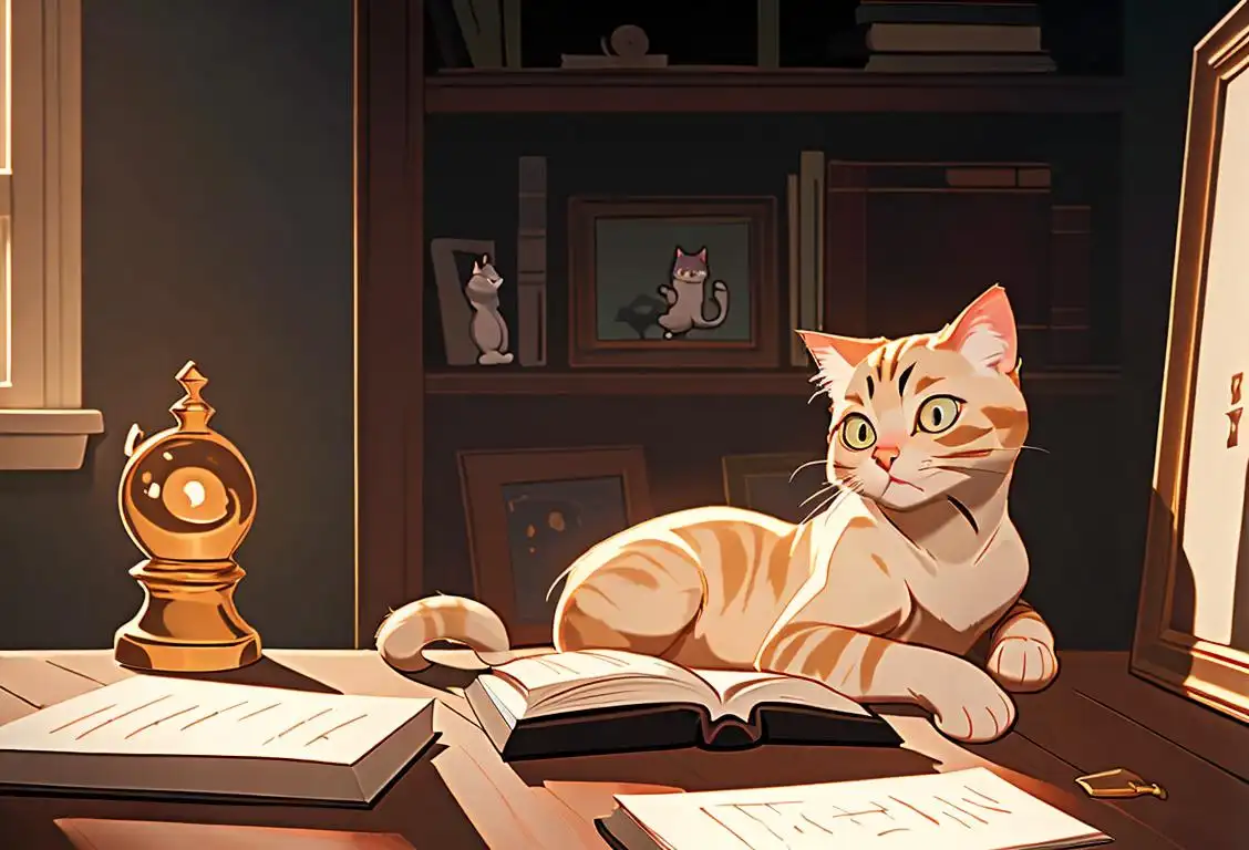 A cozy scene with a cat resting on a bookshelf, surrounded by poetry books and a quill pen nearby. Soft lighting and a warm sweater add to the relaxing atmosphere..