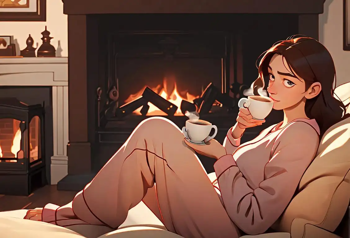 A cozy morning scene with a person holding a steaming cup of coffee, wearing comfy pajamas, surrounded by books and a warm fireplace..