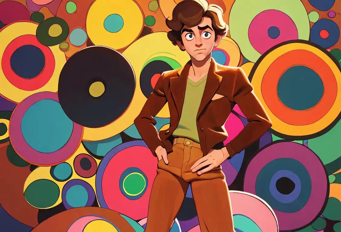 Young man wearing corduroy pants, rocking a 70s inspired outfit, surrounded by a colorful retro background..