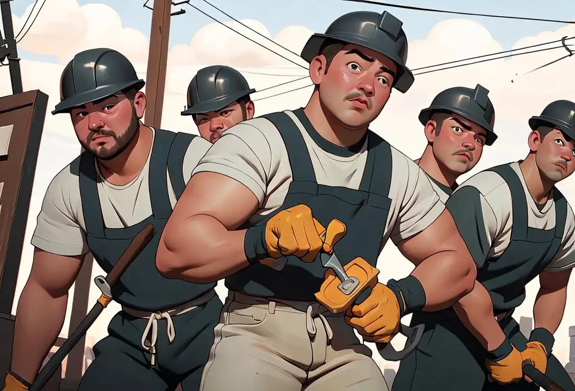 A group of linemen wearing hard hats, wielding tools, with electrical poles in the background..