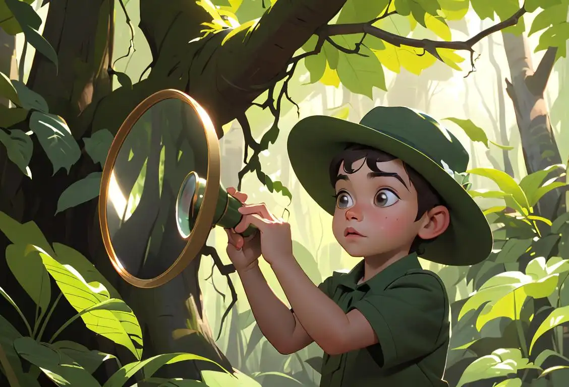 Young child wearing a ranger hat, exploring a forest with a magnifying glass, surrounded by a variety of plants and animals..