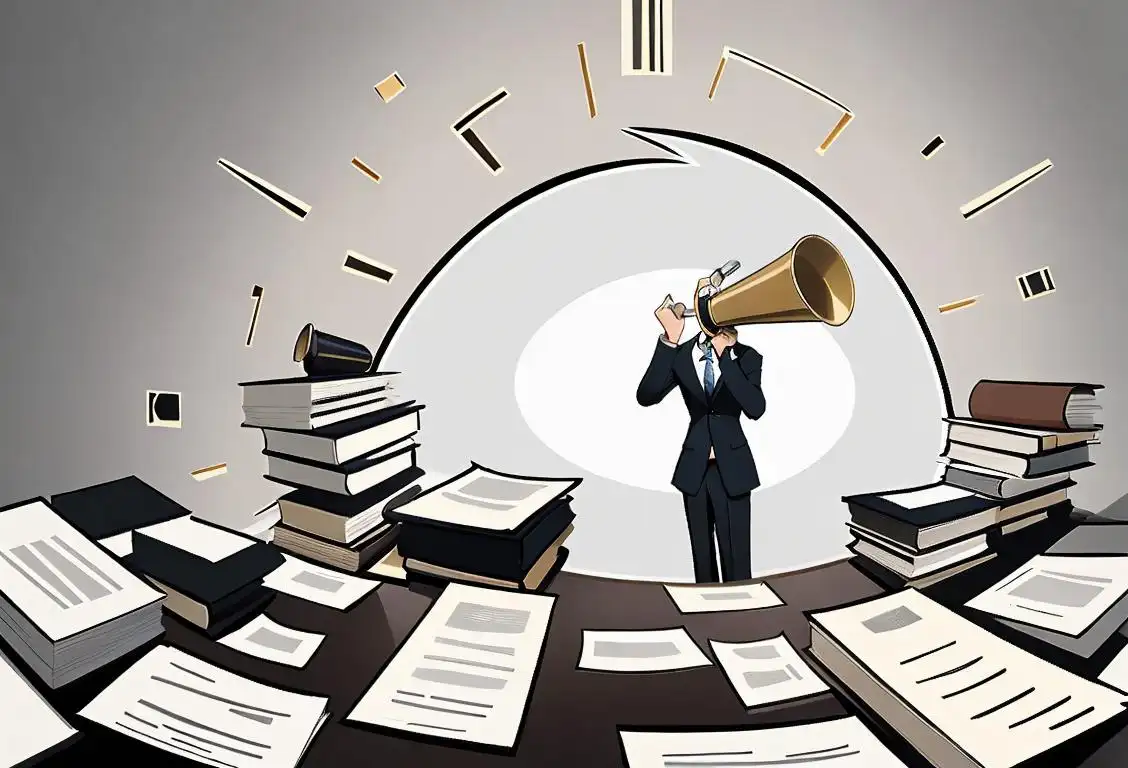 A person in business attire holding a megaphone in front of an office building, surrounded by stacks of documents, emphasizing integrity and courage..