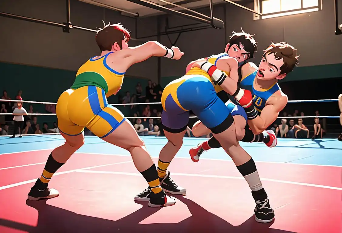 A group of people engaged in a friendly wrestling match, wearing colorful singlets, high school gymnasium setting..