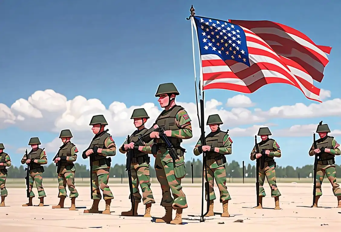 A group of National Guard soldiers in uniform, standing together with pride, against a backdrop of an American flag..