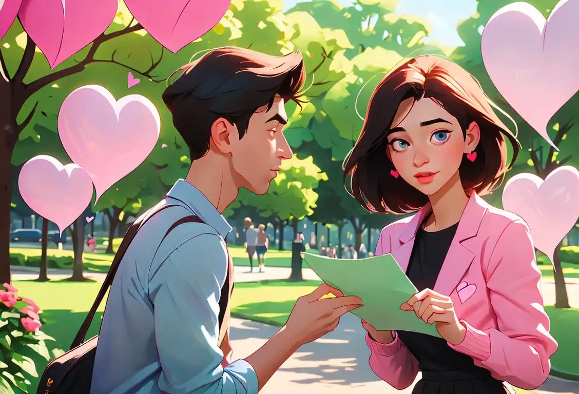 Young woman handing a heart-shaped note to a young man, both wearing casual outfits and surrounded by blooming flowers in a park..