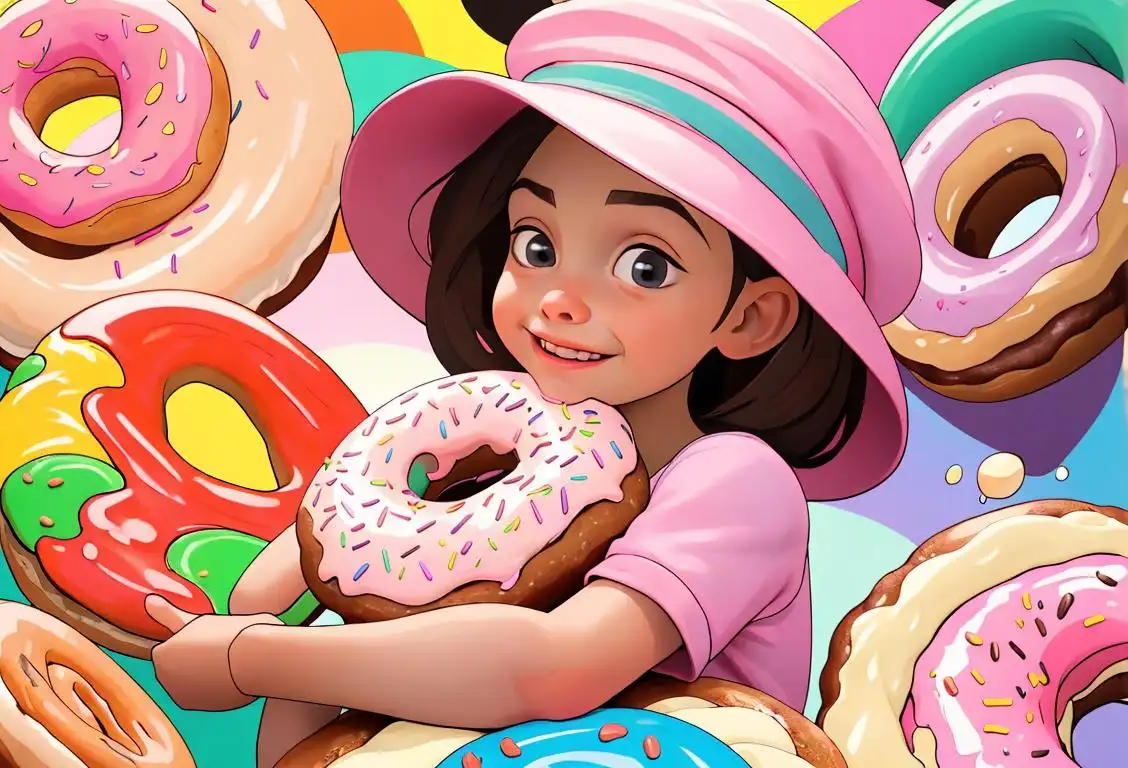 A joyful child enjoying a colorful sprinkle-covered doughnut, wearing a chef's hat, surrounded by a whimsical bakery scene..