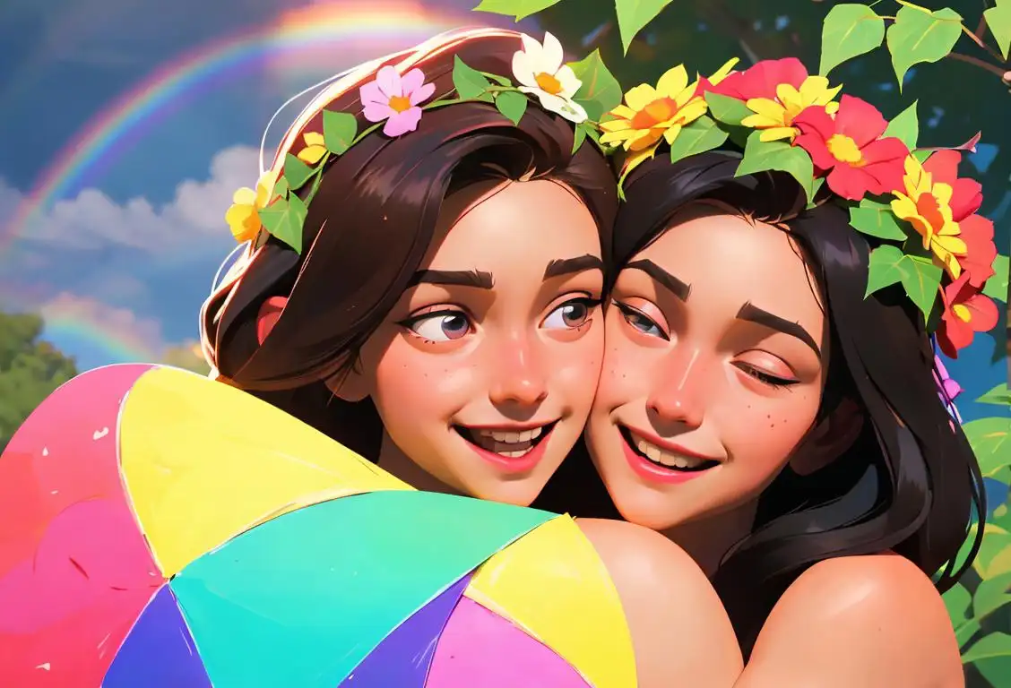 Two friends, one with a flower crown, hugging under a rainbow, surrounded by nature and laughter..