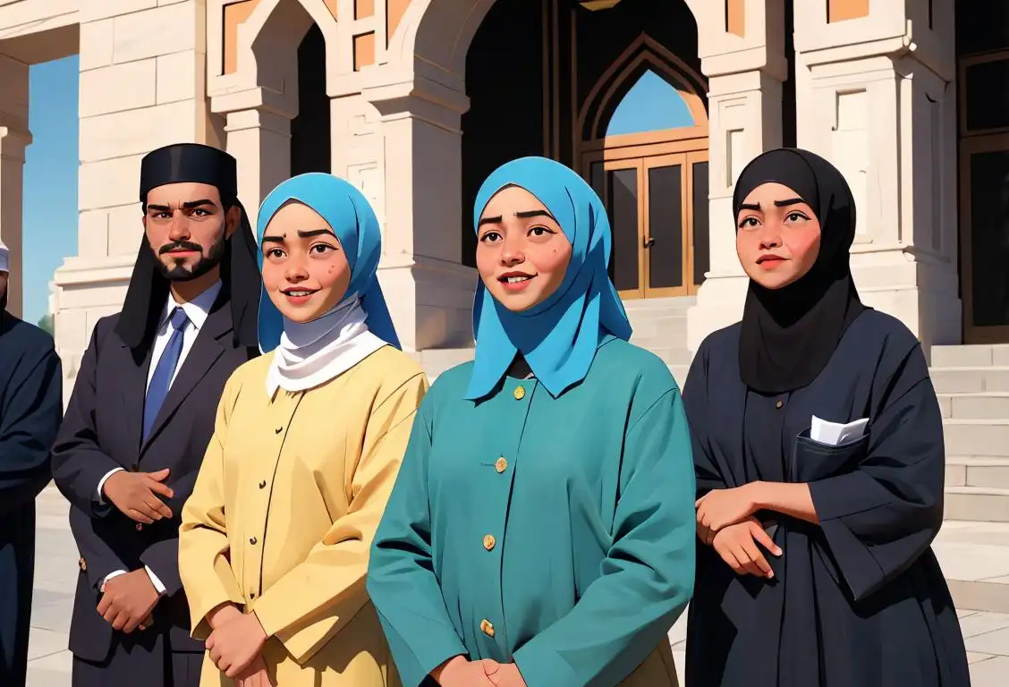 A diverse group of smiling individuals, wearing traditional Muslim clothing, standing in front of a governmental building, advocating for Muslim rights..
