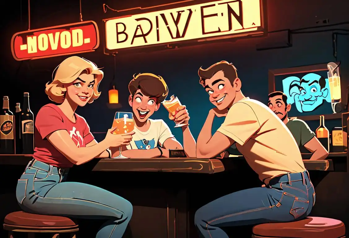 A group of diverse friends, wearing vintage t-shirts and jeans, enjoying drinks and laughter in a dimly lit bar with retro neon signs..