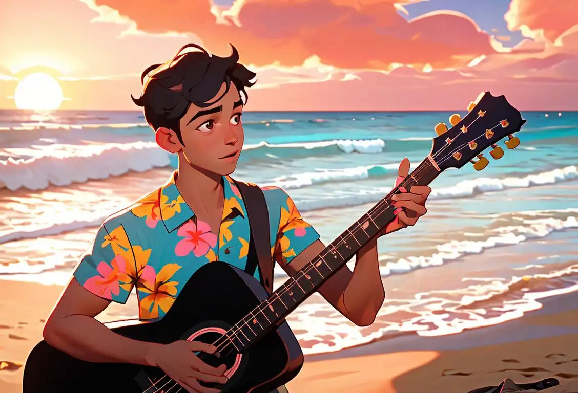 Young man playing guitar at the beach, wearing a flower crown, Hawaiian shirt, beach scene with sunset in the background..