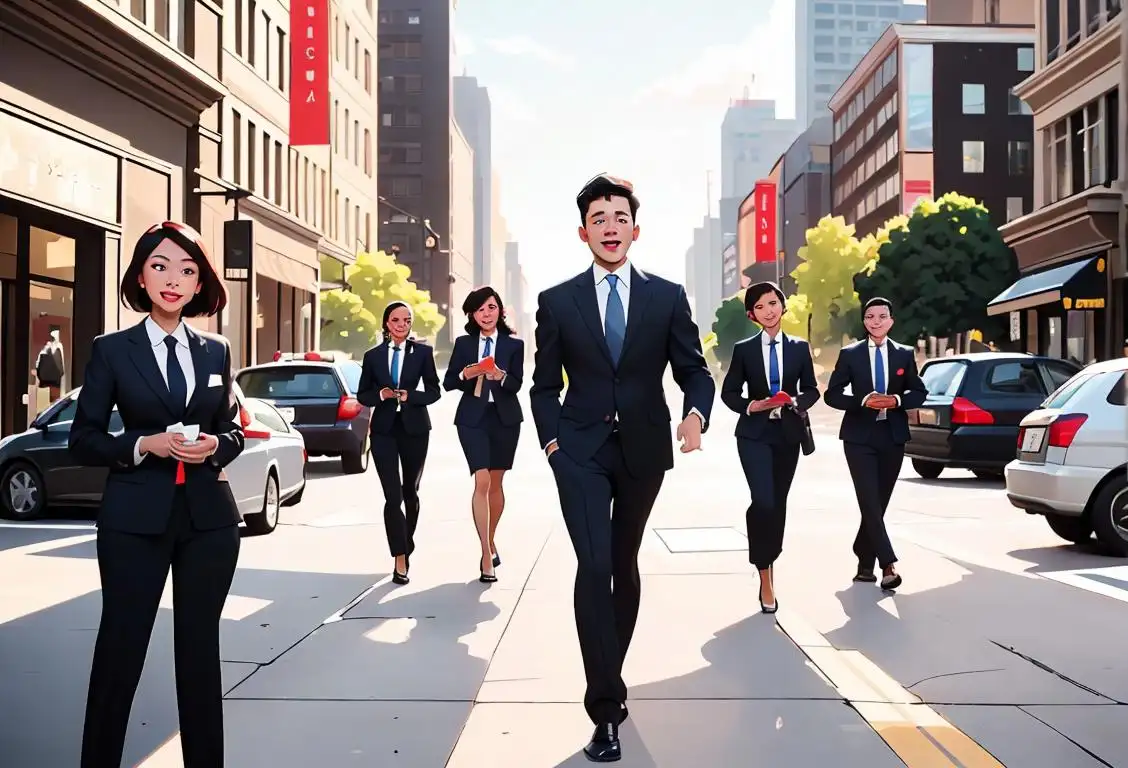 A diverse group of people joyfully showing off their different ways of making money, dressed in sharp suits, business casual attire, and work uniforms in a bustling city setting..