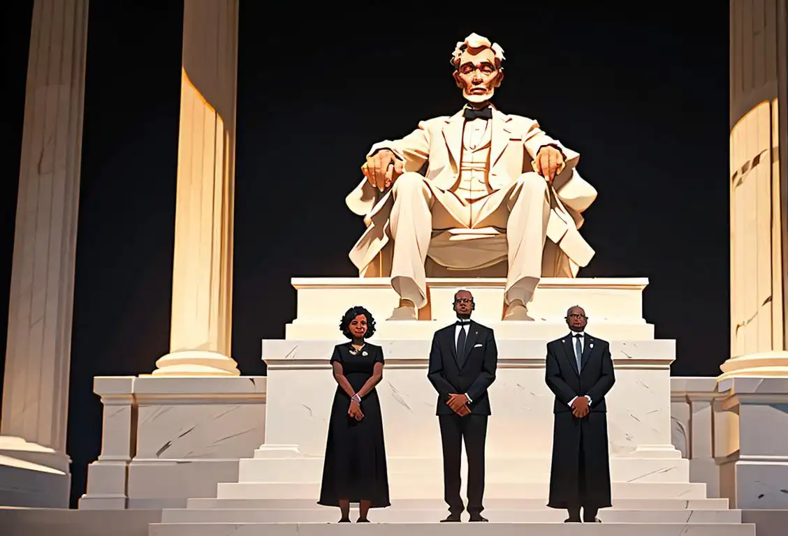 A diverse group of black civil rights leaders clad in formal attire, standing together in front of the iconic Lincoln Memorial, Washington D.C..