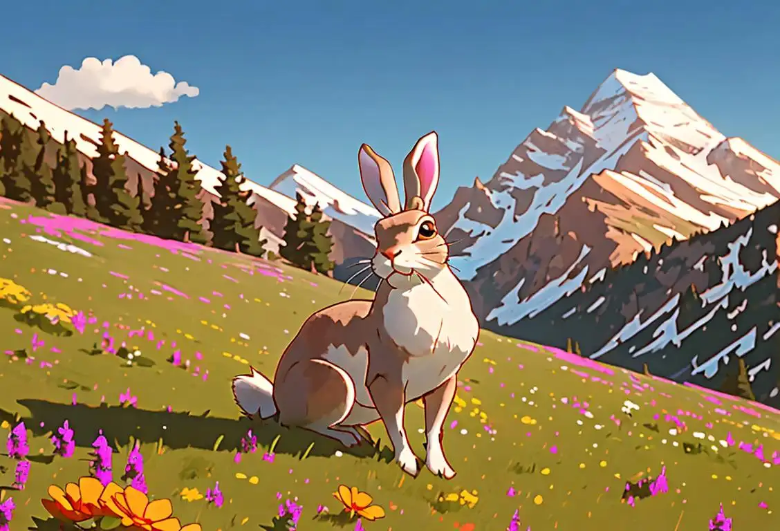 A playful mountain hare in a picturesque mountain landscape, surrounded by vibrant wildflowers and bathed in warm sunlight..