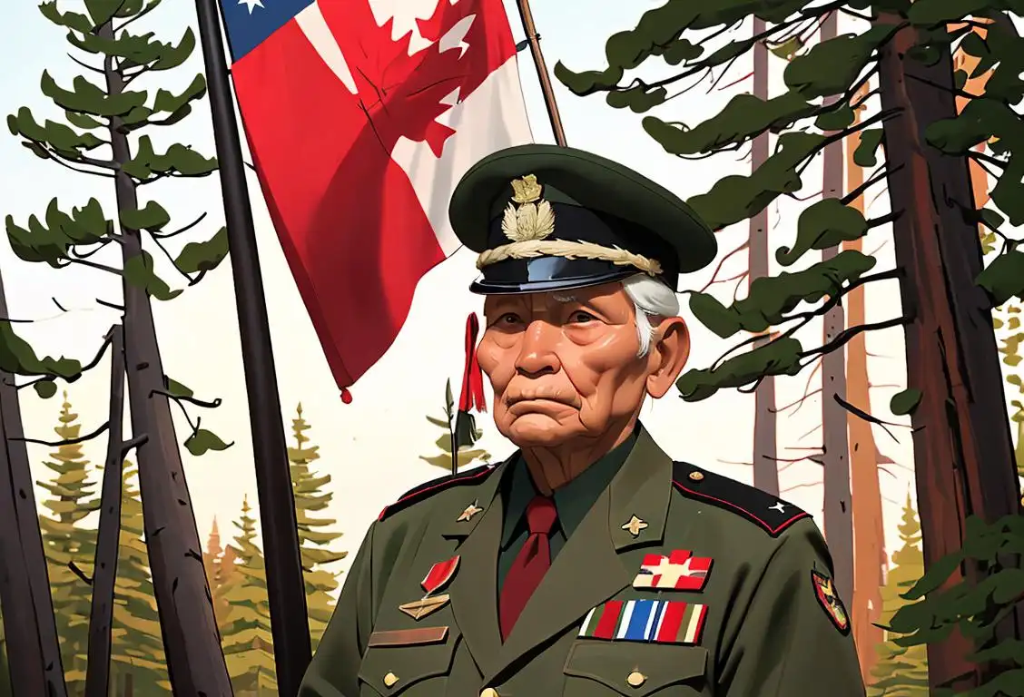 Elderly Indigenous veteran wearing military uniform, holding a Canadian flag, surrounded by a peaceful forest landscape..