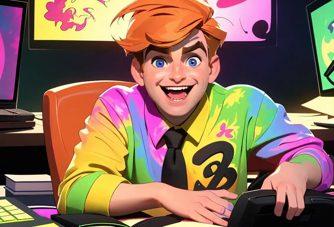 Shane Dawson sitting at his computer desk, laughing while wearing a funky tie-dye shirt, surrounded by a group of friends in a vibrant, energetic setting..
