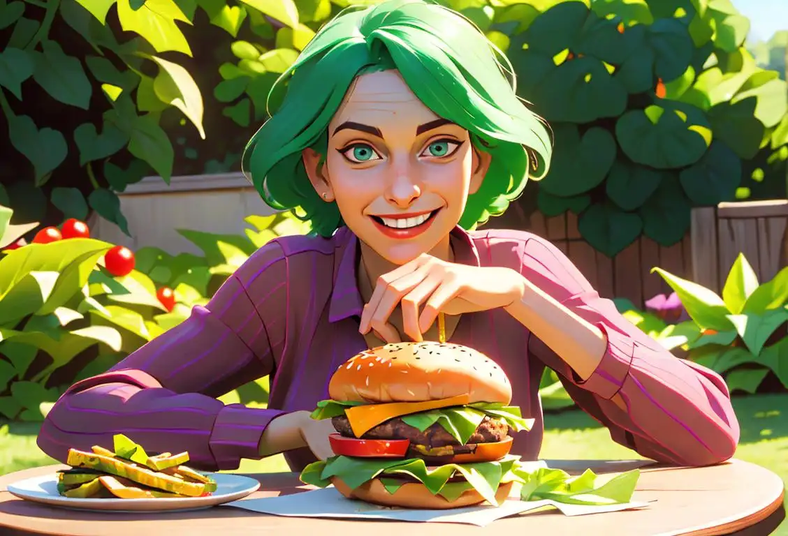 A smiling person enjoying a veggie burger, wearing casual clothes, surrounded by a vibrant and green outdoor garden setting..