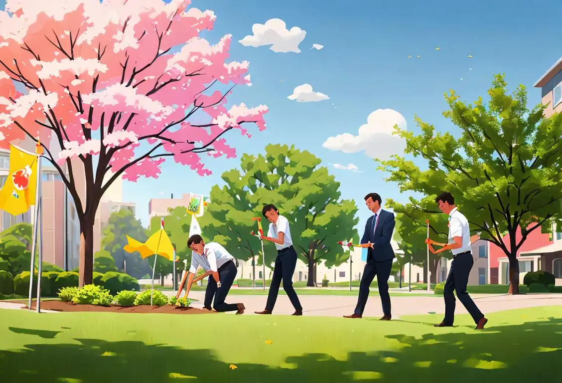Happy young professionals wearing business casual clothing, planting trees in a community park, with colorful banners promoting corporate social responsibility..