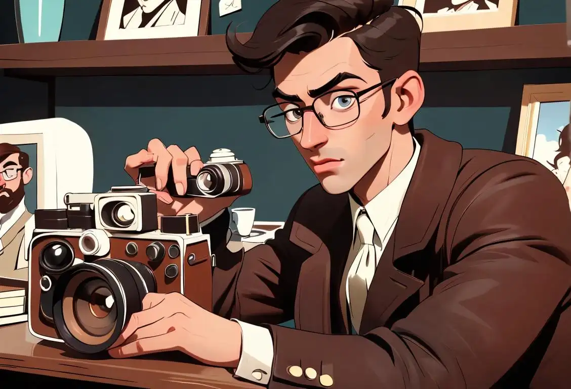 Young man in stylish outfit and glasses, posing confidently with a vintage camera in a hipster coffee shop, capturing moments of handsomeness on National Handsome Day..