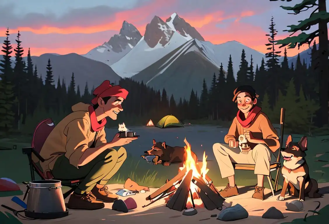 Happy couple sitting at a cozy campfire. Dog wearing a bandana, camping gear, forest setting with mountains in the background..