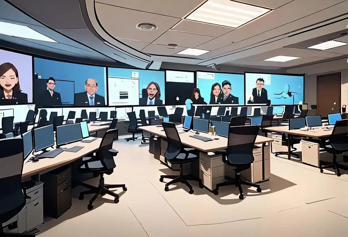 A group of intelligent-looking individuals in professional attire, surrounded by computers and technical equipment, in a high-tech office setting..