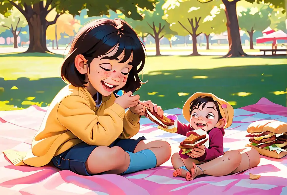 Joy-filled child enjoying a PB&J sandwich, messy fingers, sunny park scene, picnic blanket, surrounded by laughter and happiness..