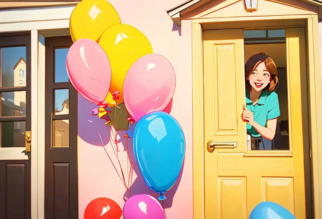 Friendly person knocking on a door decorated with colorful balloons, cheerful neighborhood, sunny day..