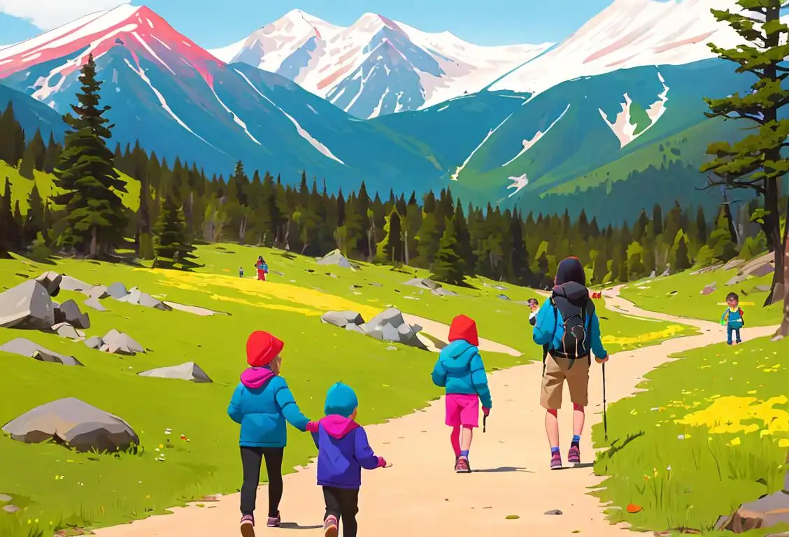 Family hiking through a beautiful National Park, with kids wearing colorful outdoor clothing, surrounded by scenic mountain views and wildlife..