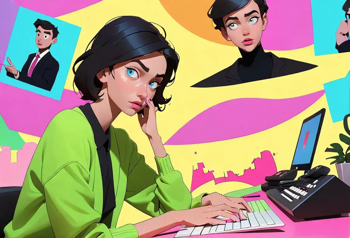 Young people typing on keyboards in a modern office setting, dressed in trendy clothes, with colorful background accents and hashtags floating around..