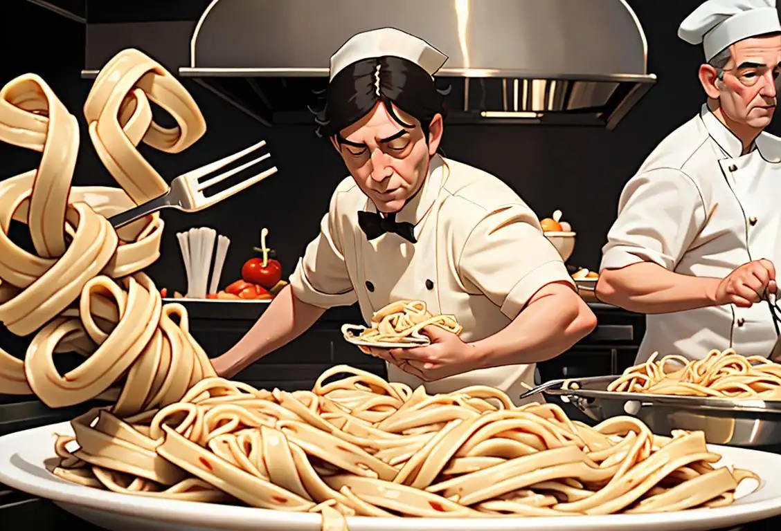 A person twirling a fork full of linguine, wearing a chef's hat, in a bustling Italian kitchen..