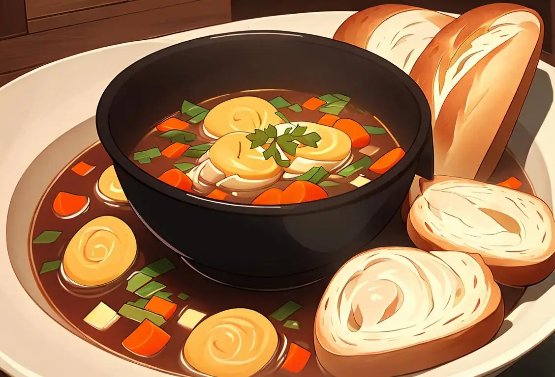 A cozy scene of a steamy, colorful soup bowl, surrounded by a rustic ladle and freshly baked bread..