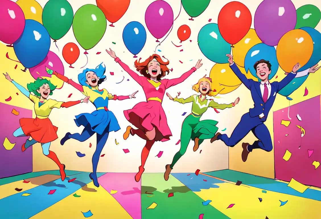 A joyful group of people leaping in the air, dressed in colorful clothing, surrounded by celebratory decorations and confetti..