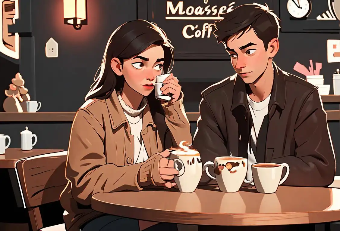 Young couple standing together in a cozy coffee shop, holding mugs wearing casual fashion, city scene with a hint of nostalgia..