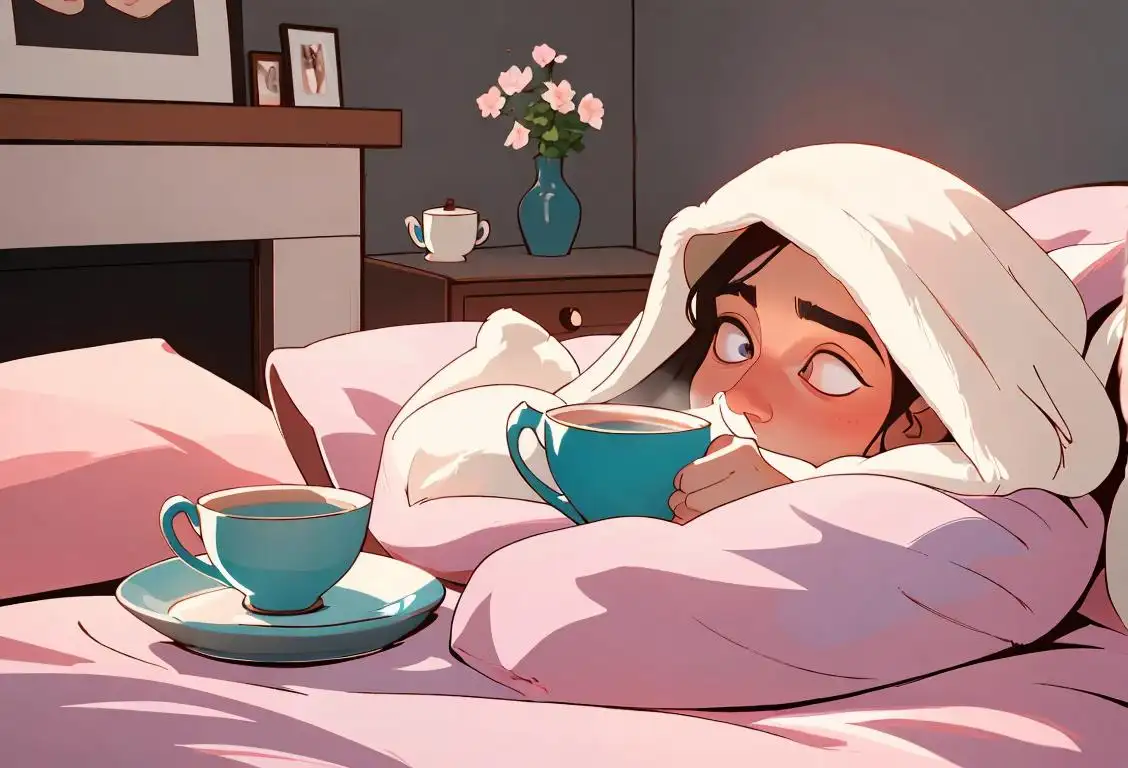 A cozy person in pyjamas, snuggled up in bed with a hot cup of tea surrounded by fluffy pillows and blankets..