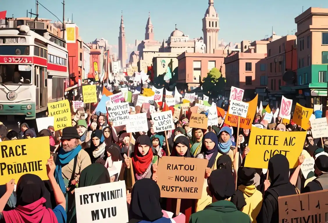 Peaceful protesters with colorful signs, wearing bohemian attire, diverse crowd, cityscape in the background..