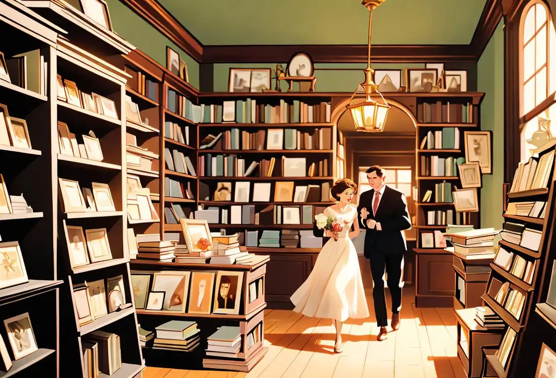 Young couple running a small vintage bookstore, dressed in retro fashion, surrounded by stacks of colorful books..