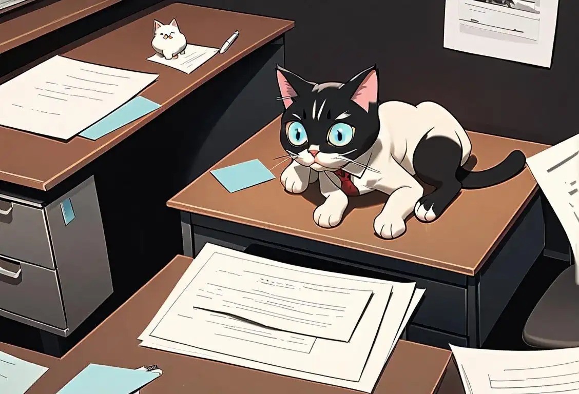 A professional office setting with a cat leisurely sitting on a desk, wearing a tiny tie, surrounded by office supplies and papers..