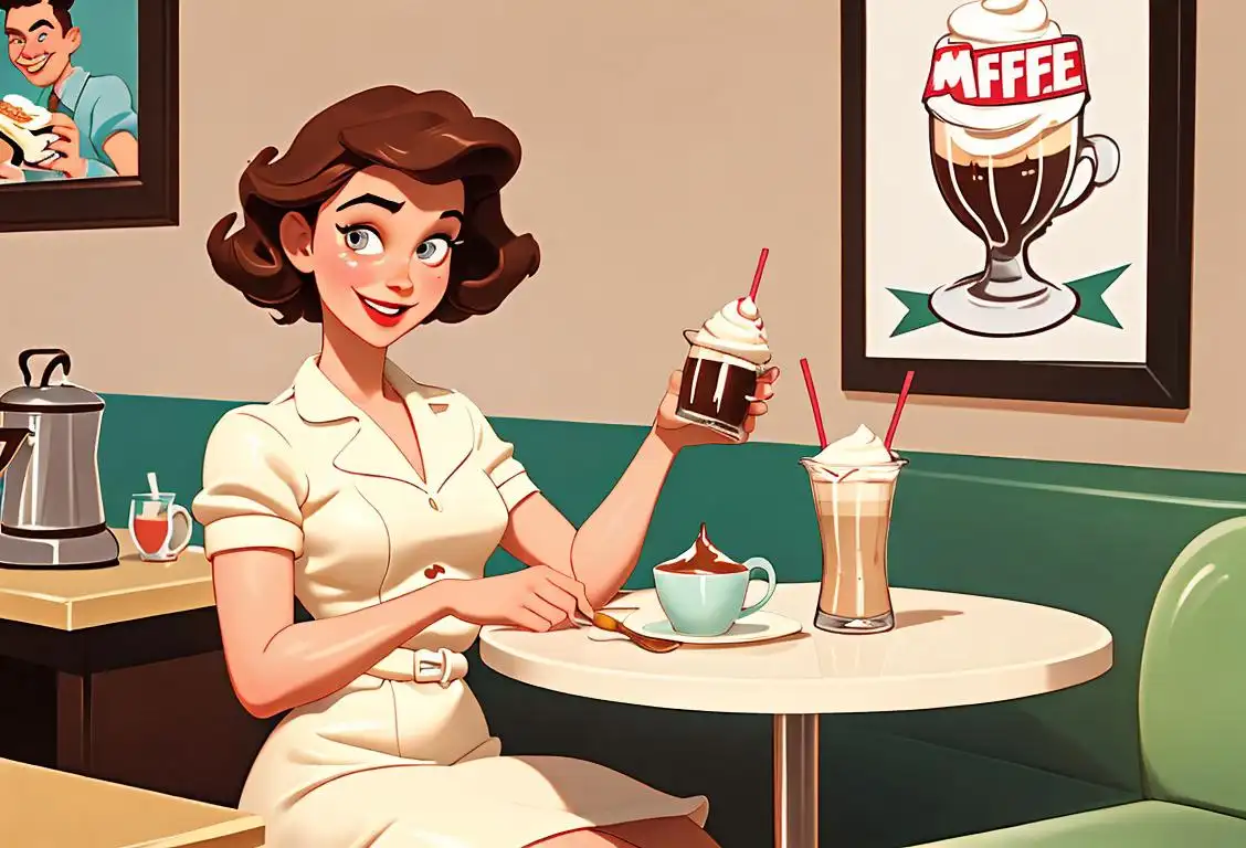 A cheerful person blending a delicious coffee milkshake, wearing a retro diner apron, 50s style kitchen, with a whimsical milkshake-themed background..