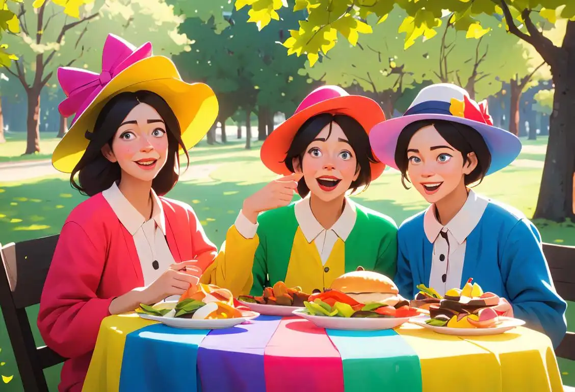 A happy group of diverse people, wearing colorful hats, eating homemade pie, surrounded by nature and celebrating National H Day..