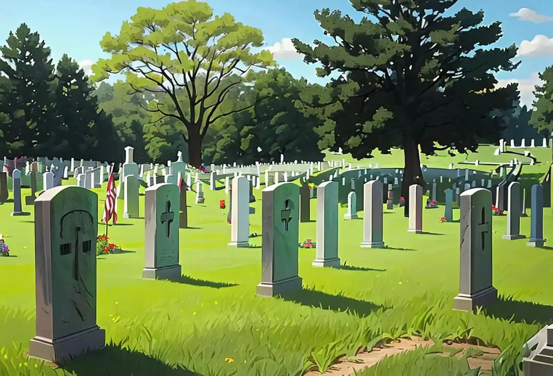 A peaceful scene in a lush green national cemetery in Virginia, with countless gravestones adorned with flags, commemorating the history and sacrifice of our nation's heroes..