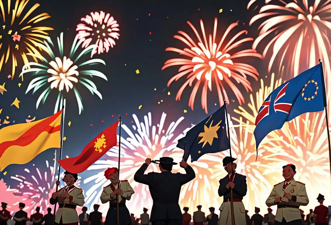 Group of diverse individuals holding national flags, smiling and celebrating with fireworks in a park setting..