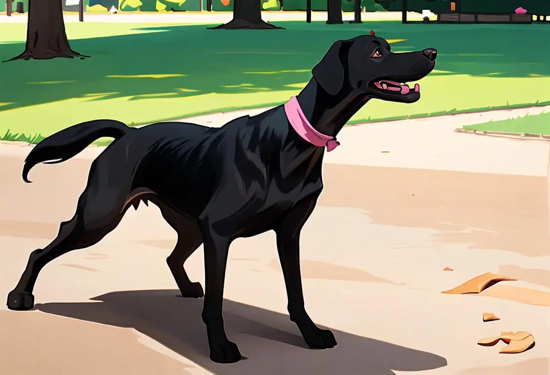 Happy Black Hound Day! Picture a joyful black hound, wearing a cute bandana, playing fetch in a sunny park..